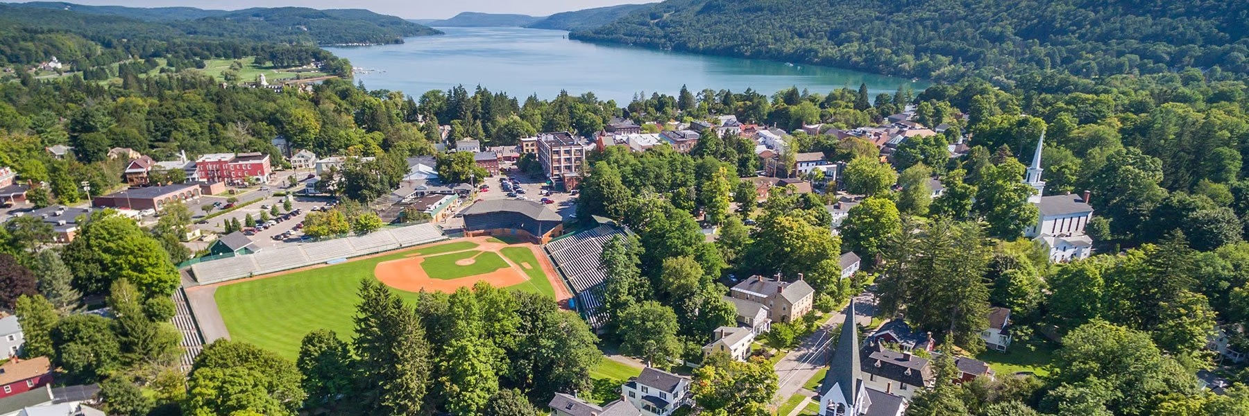 Aerial view of a town of Clara Welch Thanksgiving Home, 48 Grove Street, Cooperstown New York 