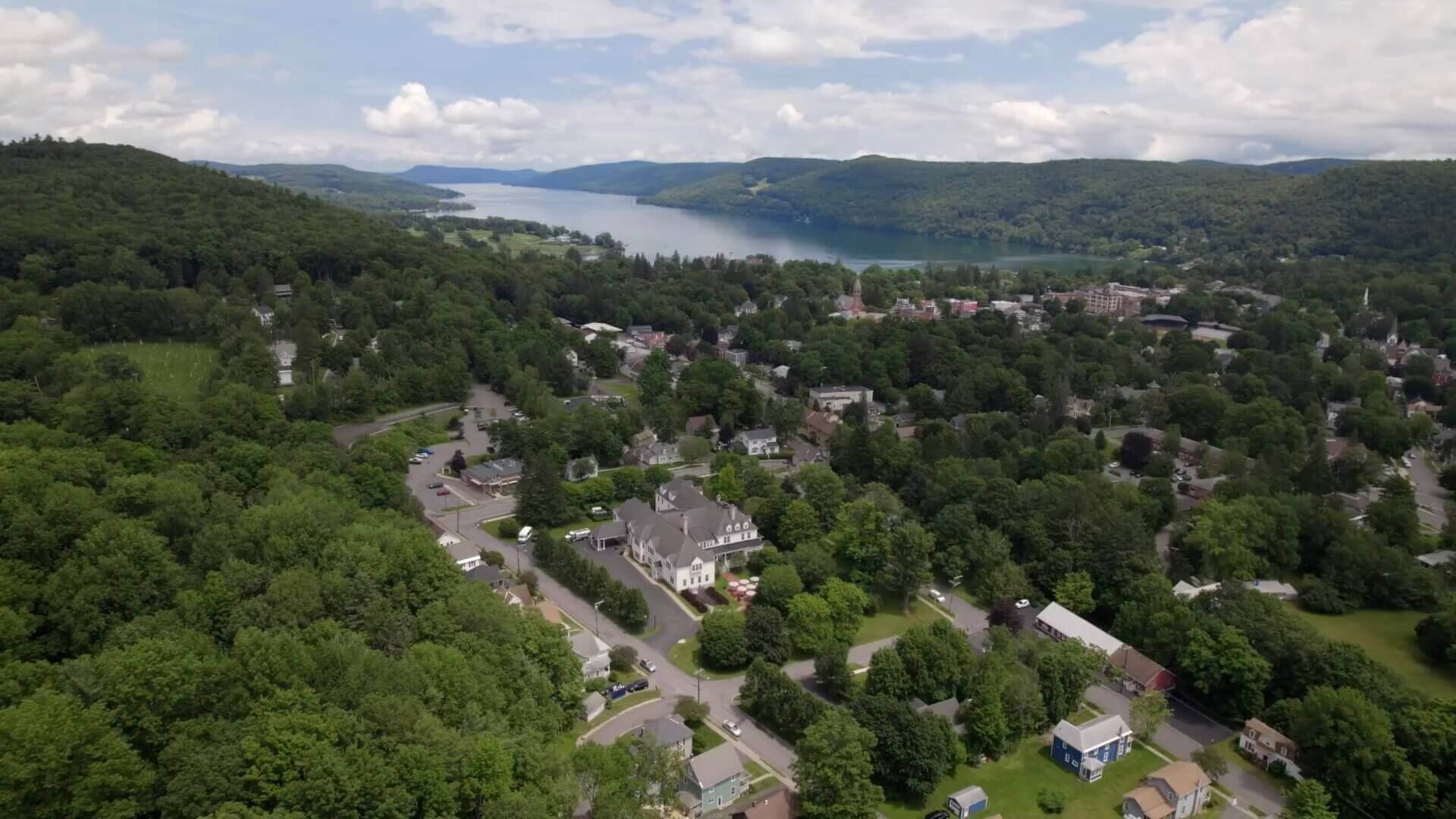 An aerial view of a town of Clara Welch Thanksgiving Home, 48 Grove Street, Cooperstown New York